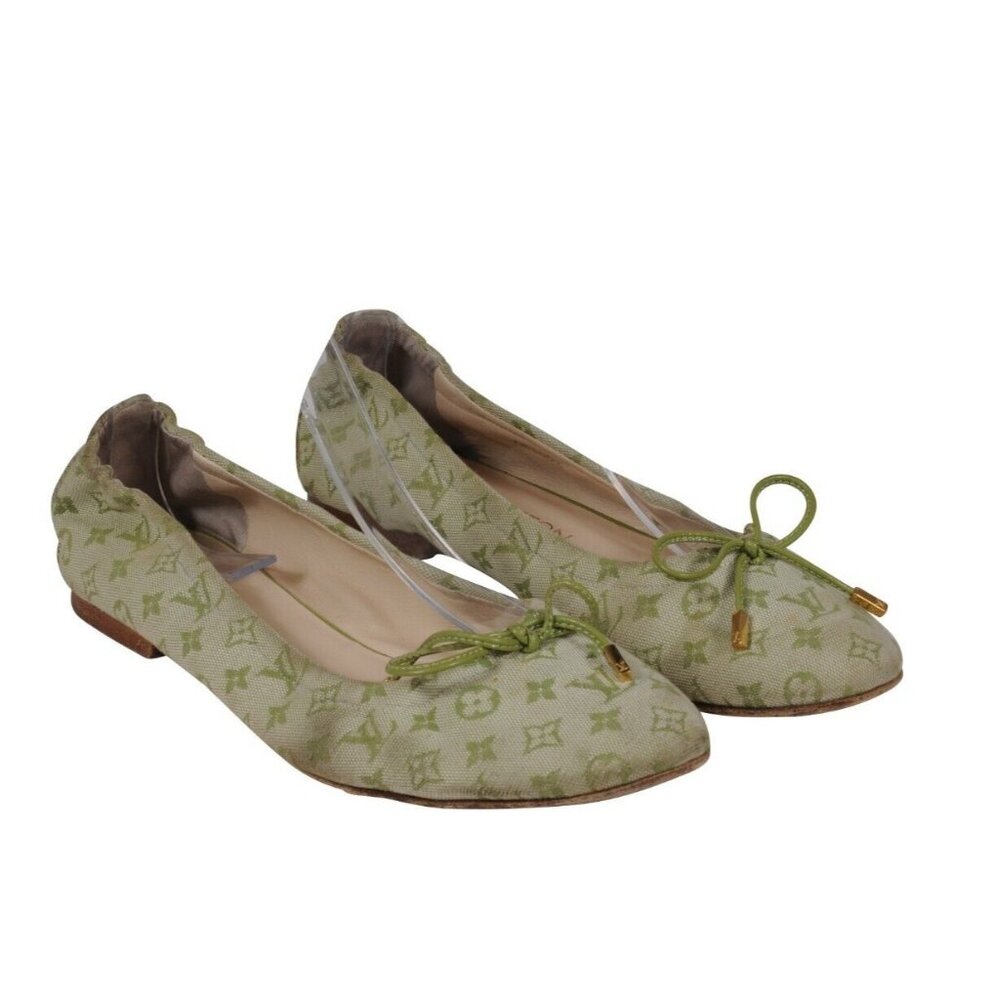 Louis Vuitton Womens Ballet Flats US 7 EU 36.5 Green Mini Lin Monogram Slippers